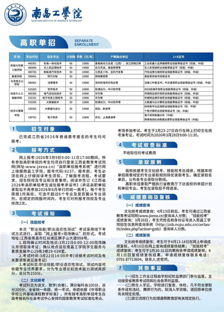 2026年南昌工学院高职单招招生简章